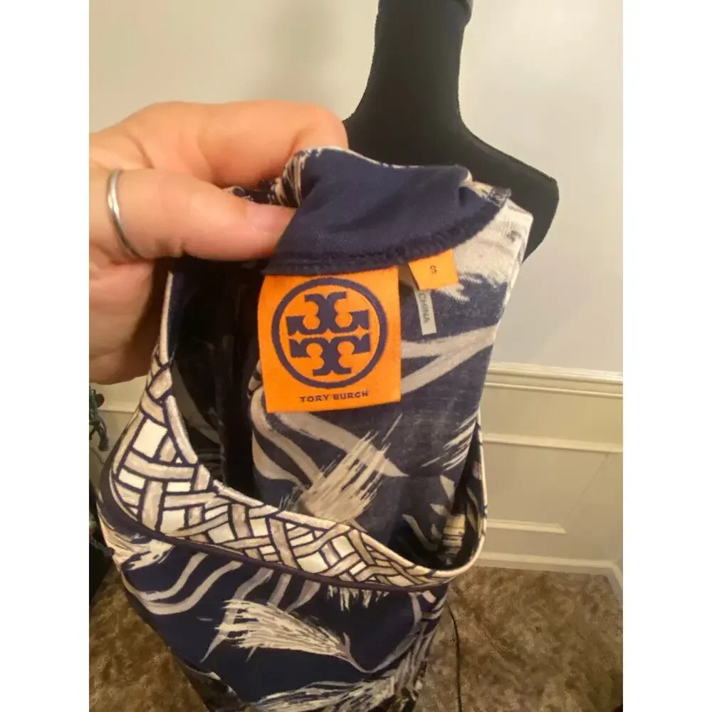 Tory Burch 100% Silk Long Sleeve Feather Boarder Collar Knee Length Dress